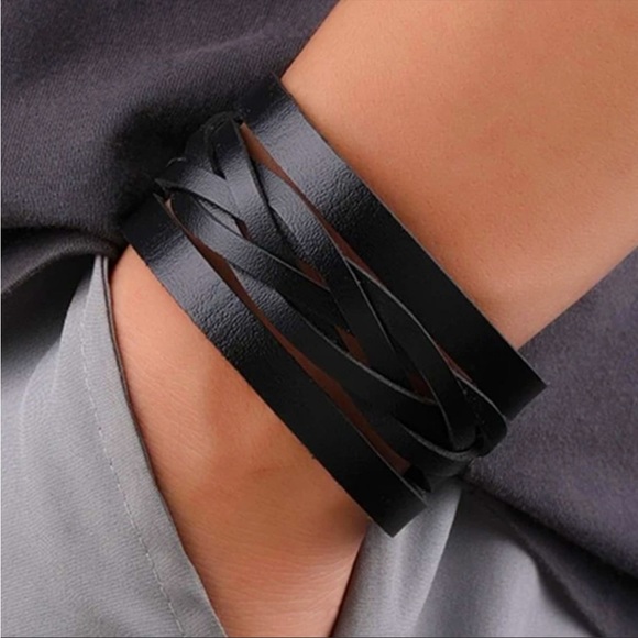 None Jewelry - Black Leather Braided Bracelet